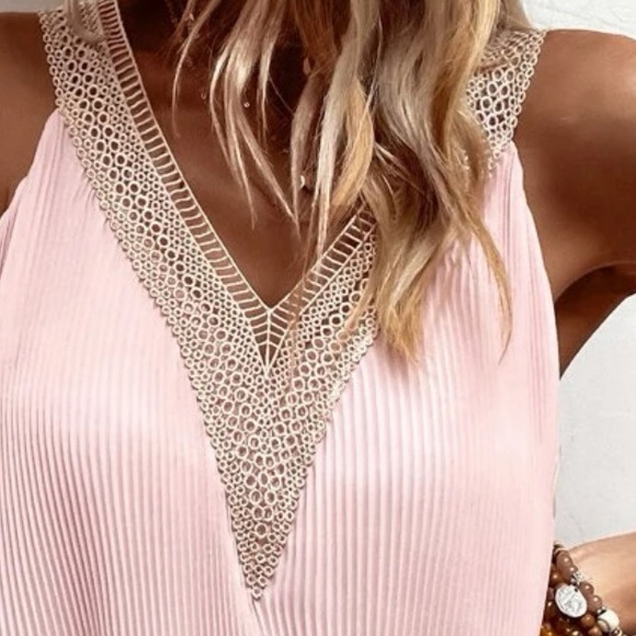 Elegant Pink V Neck Guipure Lace SleevelessTop Blouse Shirt Boho - Picture 6 of 7